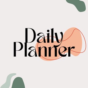 Pode incluir: Um design minimalista de planejador diário com o texto "Daily Planner" em fonte preta sobre um fundo cinza claro. O design apresenta formas abstratas em tons de verde e pêssego.