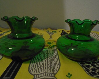 Pair of Anchor Hocking Mid Century Small Green Vases