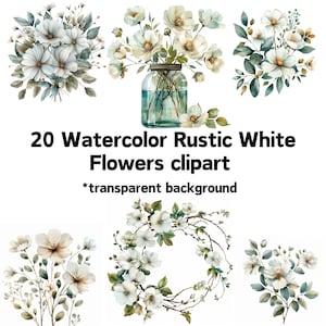 Clipart de flores brancas rústicas aquarela - clipart floral selvagem - buquês florais - uso comercial gratuito, fundo transparente - arte de casamento