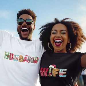 Trendy Husband and Wife Christmas outfit gifts, Couple matching xmas tshirt, sweatshirt hoodie for men and women, Honeymoon jumper gift