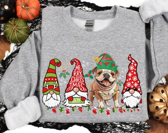 English Bulldog Winter Sweatshirt, Elf Gnome Christmas Shirt, Bulldog mom dad Tshirt gifts, Trendy Sweater gifts for Dog owners, dog lovers