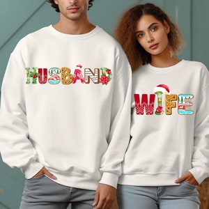 Trendy Husband and Wife Christmas outfit gifts, Couple matching xmas tshirt, sweatshirt hoodie for men and women, Honeymoon jumper gift