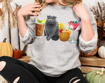 British Shorthair Cat Winter Holiday Shirt Cat Mama Cocktail Lover Tee, Pet Mom Dad Hoodie Sweater cadeau pour Cat Owner Lover tshirt Anniversaire