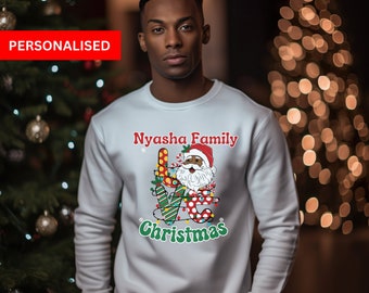 African Family Christmas Sweatshirt, Personalised Unisex For Adult, Kids and Teens, Black Santa Shirt, Christmas tree Shirt, For her, him