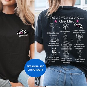 Spersonalizowana zabawna koszulka z listą kontrolną Last Rodeo Bachelorette, koszulki Western Country Bridal Cowboy Hen Party, prezent z listą kontrolną panny młodej Cowgirl