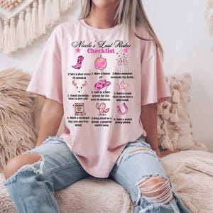 Spersonalizowana zabawna koszulka z listą kontrolną Last Rodeo Bachelorette, koszulki Western Country Bridal Cowboy Hen Party, prezent z listą kontrolną panny młodej Cowgirl