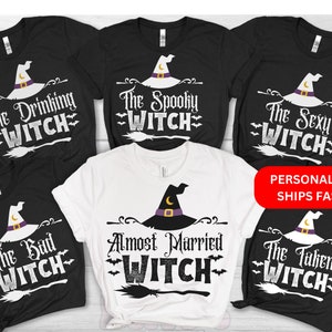 May include: Set of six black and white t-shirts with a witch hat graphic and text that reads "The Drinking Witch", "The Spooky Witch", "The Sexy Witch", "The Bad Witch", "Almost Married Witch", and "The Taken Witch".