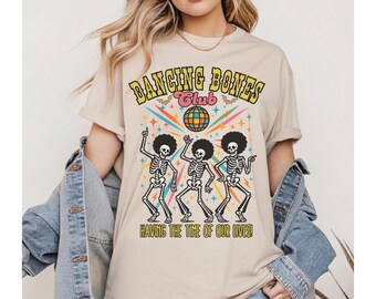 Zurück in die 80er Jahre Halloween Themed Unisex Spooky T-Shirt - Trendiges Halloween Shirt - Tanzen Skelett Tops - Retro 90er Jahre Disco Shirts Geschenk
