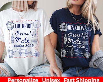 Personalisierte London Themed Hen Party T-Shirts - Cheers Mate Bachelorette T-Shirt - Hen do Party Tops für Team Braut Brautjungfer
