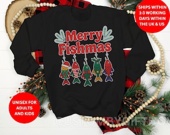 Magliette di Natale Merry Fishmas - Maglietta e felpa natalizia a tema pesca per la famiglia - Regali per pescatori - Maglietta di Natale per battuta di pesca per uomo e donna