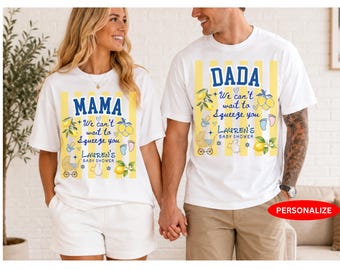 Babyparty-Shirts mit Zitronenmotiv – Personalisierbar mit Namen – Ich kann es kaum erwarten, dich zu drücken – Lustige Partner-Shirts für die ganze Familie zur Geschlechtsenthüllung für Mama, Papa und Oma