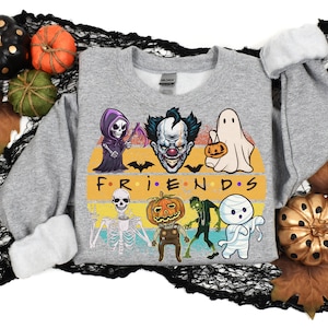 Trendy Halloween Horror Friends themed T Shirt Halloween Skeleton Pumpkin Ghost Zombie Mummy Shirts for men women Tee Sweatshirt Hoodie gift