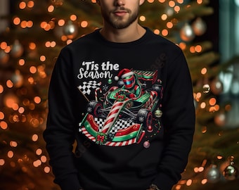 Festive Formula 1 Christmas Jumper Sweatshirt Tshirt Racing through the Snow F1 Lover Themed Holiday Sweater with  Santa gifts for men women