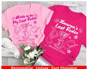 Personalisiertes Western-Shirt für Junggesellinnenabschiede – „Last Rodeo“ – Individuelles Country-Braut-T-Shirt für Junggesellinnenabschiede und Hochzeiten – Cowboy-Party-Shirt – Geschenk für Cowgirls und Bräute