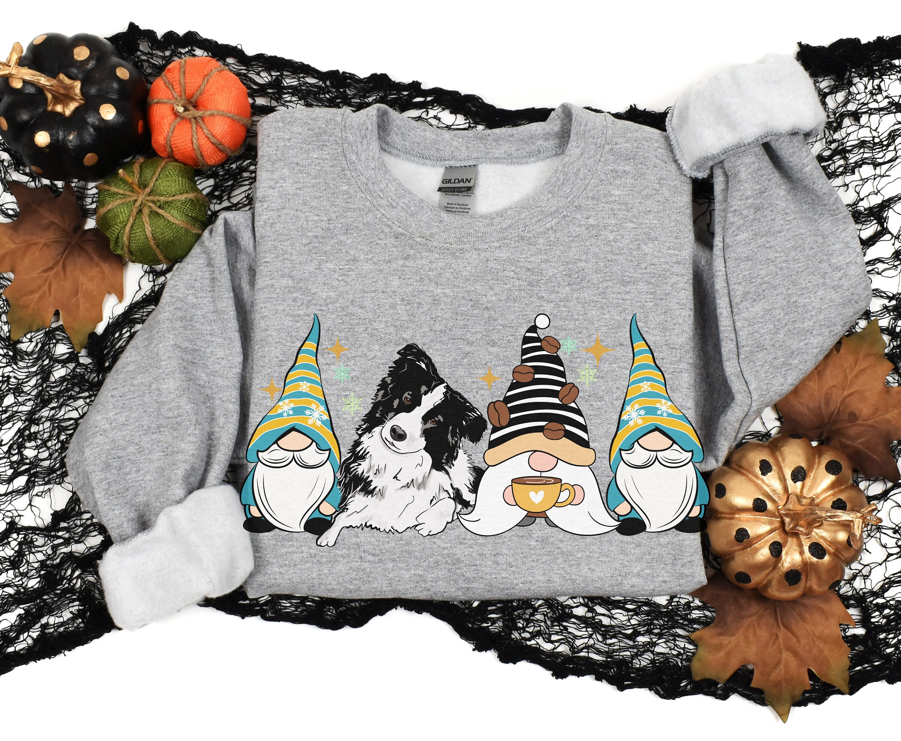 ★★COVERNAT★★ border collie laurel sweatshirt heather gra Border Collie Winter Sweatshirt T Shirt Elf Gnome Lover