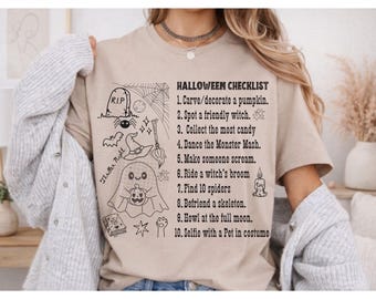 Lustiges Halloween-Checklisten-Shirt – Unisex-Kürbis-Shirt – Gruselige Reise-Shirts für Spieleabende – Familien-Halloween-Urlaubs-T-Shirt/Sweatshirt