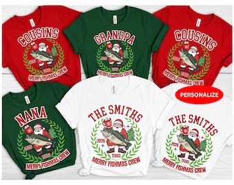 Personalized Merry Fishmas Christmas Shirt, Family Matching Xmas Fishing Tee Sweatshirt, Funny Christmas Trip Shirts Gift for Men Women Kids