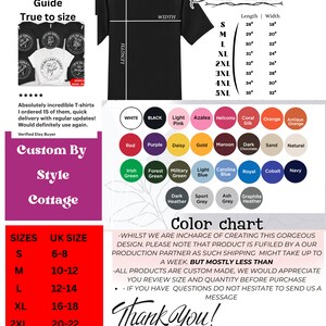 May include: Unisex t-shirt size chart with measurements in inches. The chart shows sizes from small to 5XL with corresponding length and width measurements. The chart also includes a color chart with various colors, including white, black, light pink, azalea, heliconia, coral silk, orange, antique orange, red, purple, daisy, gold, maroon, dark chocolate, sand, natural, Irish green, forest green, military green, light blue, Carolina blue, royal, cobalt, navy, dark heather, sport grey, ash grey, and graphite heather.