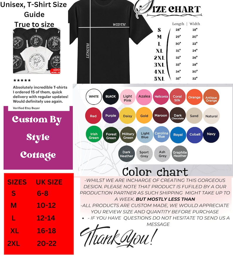 May include: Unisex t-shirt size chart with measurements in inches. The chart shows sizes from small to 5XL with corresponding length and width measurements. The chart also includes a color chart with various colors, including white, black, light pink, azalea, heliconia, coral silk, orange, antique orange, red, purple, daisy, gold, maroon, dark chocolate, sand, natural, Irish green, forest green, military green, light blue, Carolina blue, royal, cobalt, navy, dark heather, sport grey, ash grey, and graphite heather.