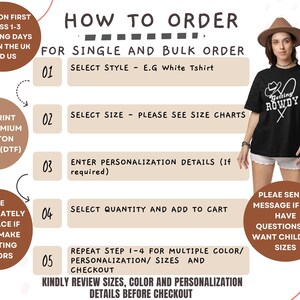 Pode incluir: Um guia para encomendar t-shirts personalizadas. O guia inclui cinco etapas: selecionar o estilo, selecionar o tamanho, inserir os detalhes de personaliza&ccedil;&atilde;o, selecionar a quantidade e adicionar ao carrinho, e repetir as etapas 1 a 4 para v&aacute;rias cores/personaliza&ccedil;&otilde;es/tamanhos. O guia tamb&eacute;m inclui informa&ccedil;&otilde;es sobre o envio, a impress&atilde;o e o atendimento ao cliente.