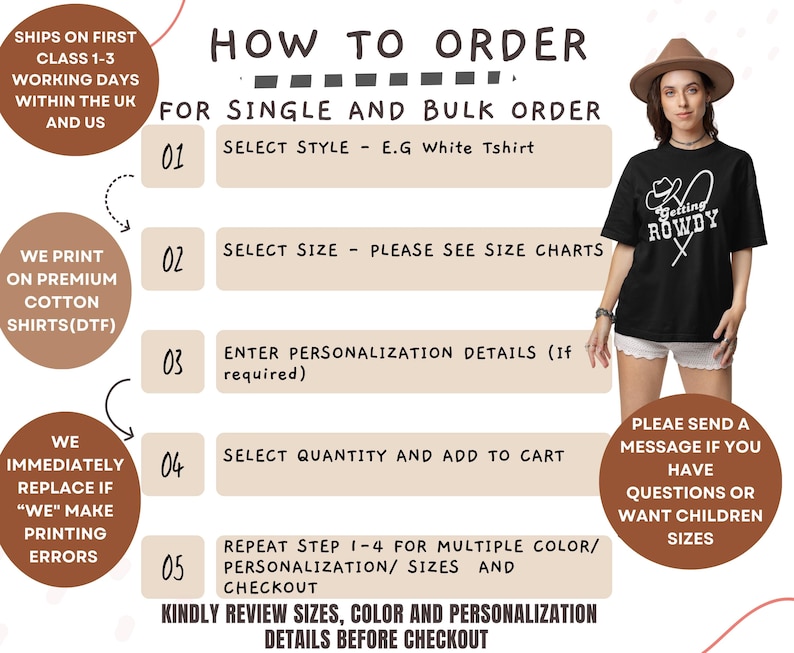 Pode incluir: Um guia para encomendar t-shirts personalizadas. O guia inclui cinco etapas: selecionar o estilo, selecionar o tamanho, inserir os detalhes de personaliza&ccedil;&atilde;o, selecionar a quantidade e adicionar ao carrinho, e repetir as etapas 1 a 4 para v&aacute;rias cores/personaliza&ccedil;&otilde;es/tamanhos. O guia tamb&eacute;m inclui informa&ccedil;&otilde;es sobre o envio, a impress&atilde;o e o atendimento ao cliente.