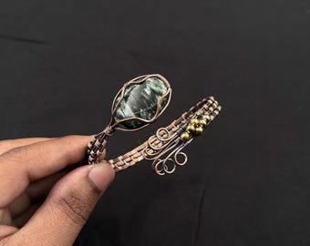Seraphinite Cuff Bracelet Handmade Copper Wire Wrapped Adjustable Bangle