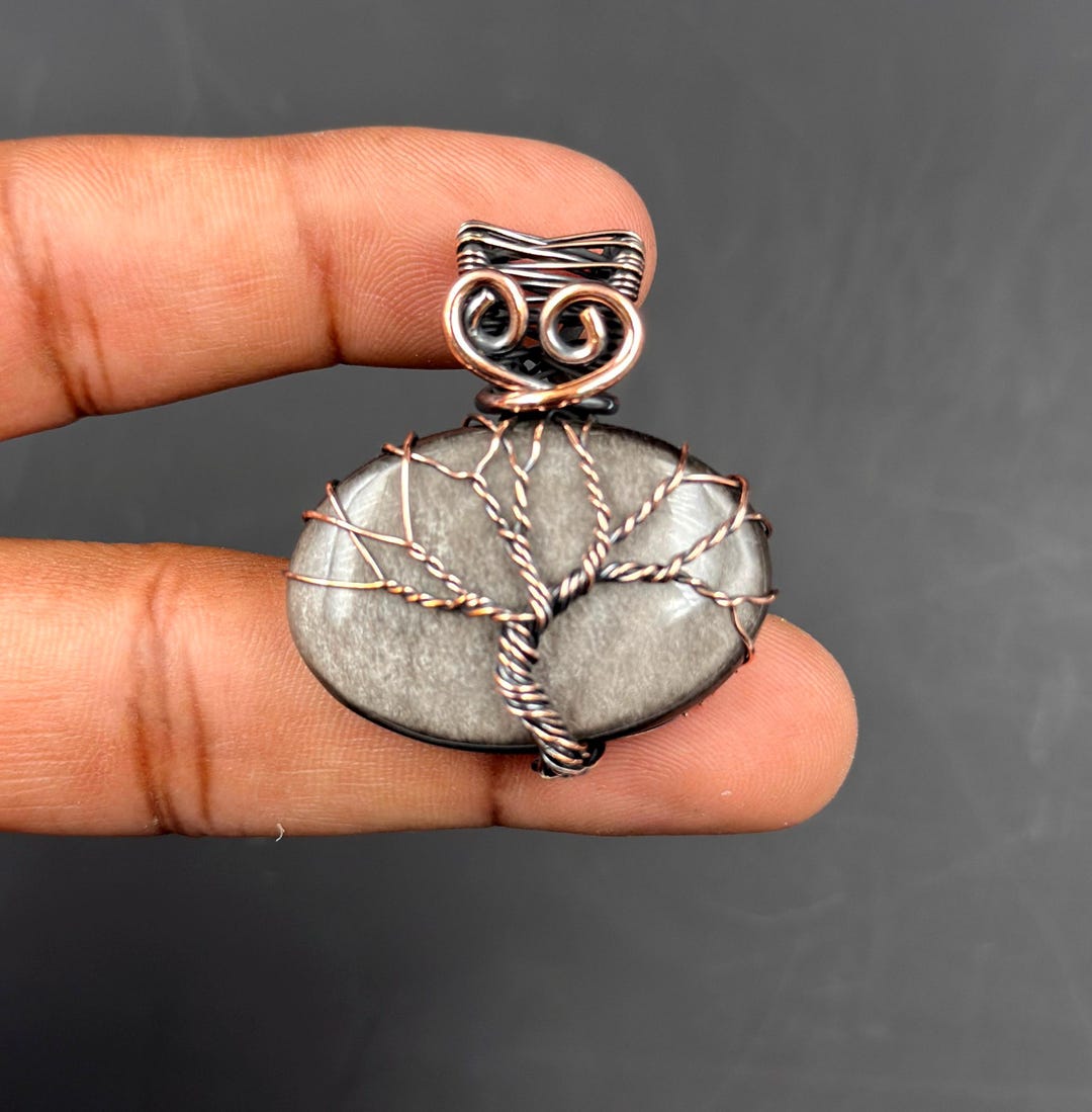 Silver Sheen Obsidian Tree of Life Pendant Copper Wire Wrapped Handmade ...