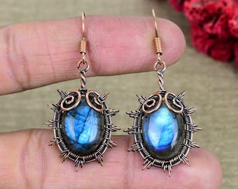 Handmade Labradorite Copper Earrings, Celtic Wire-Wrapped Boho Jewelry Gift For Christmas