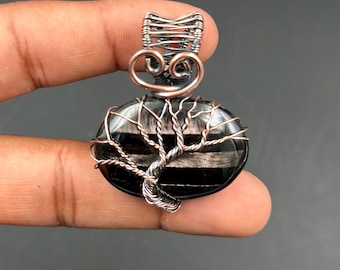 Copper Wire Wrapped Hypersthene Tree of Life Pendant
