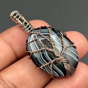 Tree of Life Black Banded Agate Pendant Handmade Copper Wire Wrapped Jewelry