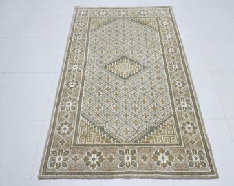 Handgeknoopt oushak-tapijt, beige ivoorwollen tapijt, vintage tapijt in Turkse stijl, neutraal handgemaakt tapijt, woonkamertapijt, slaapkamertapijt.