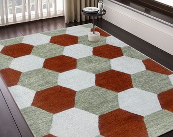 Alfombra de área de lana con mechones a mano moderna con patrón hexagonal con multicolor, alfombras geométricas para sala de estar, dormitorio, cocina