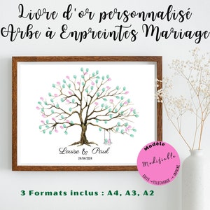 May include: A framed watercolor painting of a tree with pink and green leaves. The tree is surrounded by a white background. The text "Louise & Paul 24/04/2024" is below the tree. The text "Modèle Modifiable EDITE - TELECHARGE - IMPRIME" is in a pink circle on the right side of the image. The text "3 Formats inclus: A4, A3, A2" is below the frame.