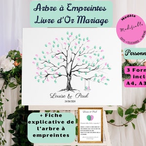 May include: A white poster with a watercolor tree with pink and green leaves. The tree has a swing hanging from it. The poster says "Arbre à Empreintes Livre d'Or Mariage" and "Louise & Paul 24/04/2024". The poster is on a table with flowers and greenery.