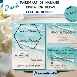 Invitation mariage | Faire part de mariage avec RSVP | Plage Mer | Français | Carton d'invitation