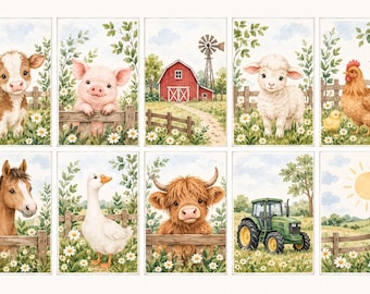Décoration murale pour chambre d'enfant sur le thème des animaux de la ferme, aquarelles champêtres