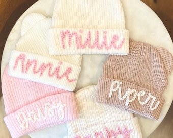 Hand Embroidered Beanie Hats Winter Personalized Toddler
