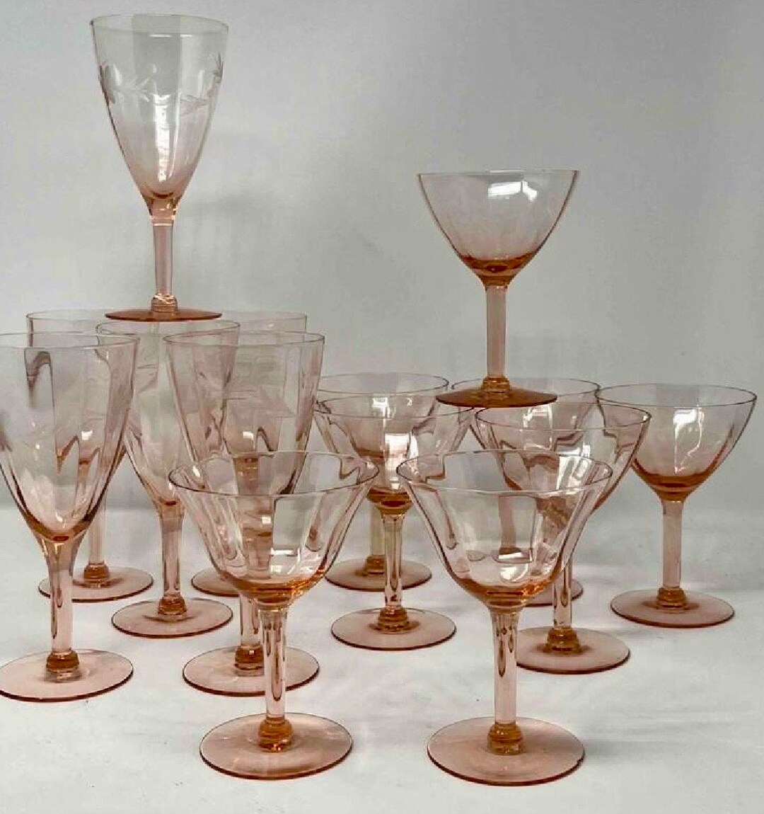 Vintage Beautiful Pink Depression Glasses 6 Etched Wine Etsy
