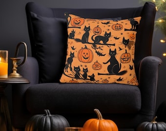 Black Cat Pillow  - Elegant Autumn Decor - Black Cat with Pumpkin Pillow  - Cozy Charm