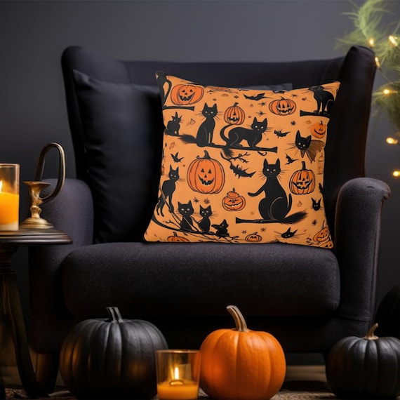 Black Cat Pillow  - Elegant Autumn Decor - Black Cat with Pumpkin Pillow  - Cozy Charm