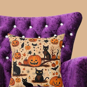Black Cat Pillow  - Elegant Autumn Decor - Black Cat with Pumpkin Pillow  - Spooky Pillow with Cozy Charm