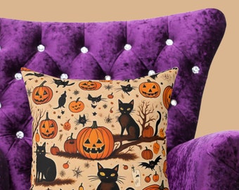 Almohada de gato negro: elegante decoración otoñal: almohada de gato negro con calabaza: almohada espeluznante con un encanto acogedor