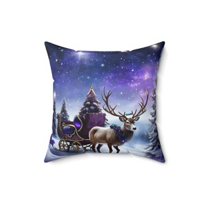 May include: A purple and gold sleigh pulled by a reindeer with a purple and green garland around its neck. The sleigh is traveling through a snowy forest under a starry night sky.
