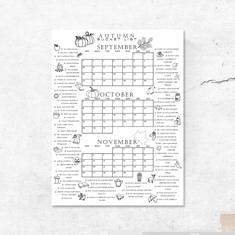 Autumn Bucket List Printable PDF Autumn Fun Calendar Poster Etsy