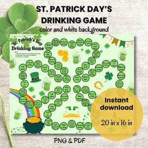 Può includere: Un tabellone da gioco per bere per il giorno di San Patrizio con sfondo verde e un arcobaleno. Il tabellone presenta una varietà di sfide di gioco per bere, come "Bevi 2 bicchieri", "Verità o Sfida", e "Fai un brindisi". Il tabellone misura 50,8 cm per 40,6 cm ed è disponibile nei formati PNG e PDF.