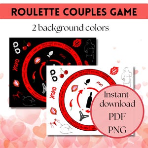May include: Roulette Couples Game with two background colour options. The game features a circular design with red accents, including illustrations of lips, cherries, and other suggestive imagery. Text includes "XOXO" and "Instant download PDF PNG".