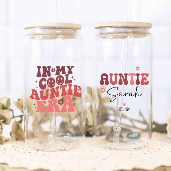In My Auntie Era Ice Coffee Cup, Personalized Auntie Gift, Custom Glass New Auntie Gift,Promoted to Aunt, Pregnancy Announcement to Sister