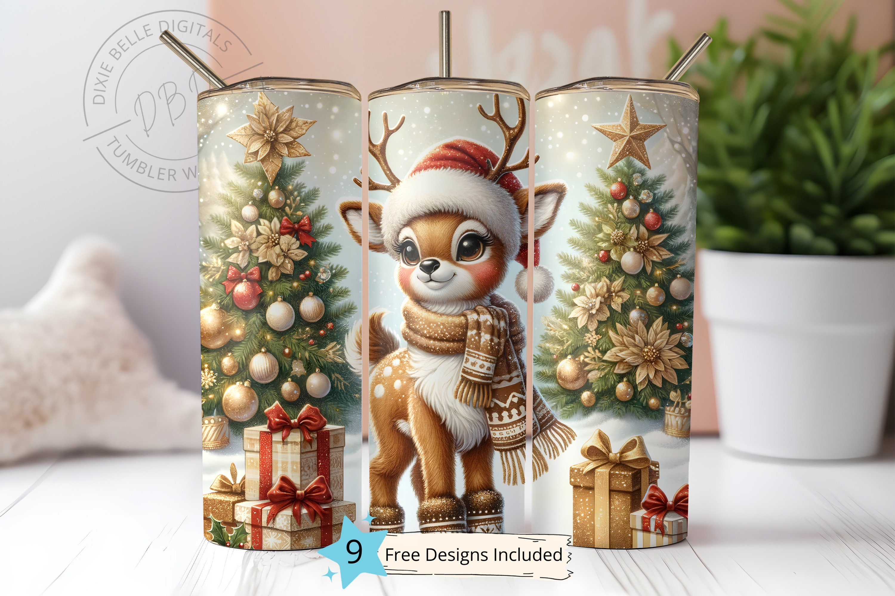 Gold Christmas Reindeer Tumbler 20 Oz Skinny Tumbler Sublimation Design ...