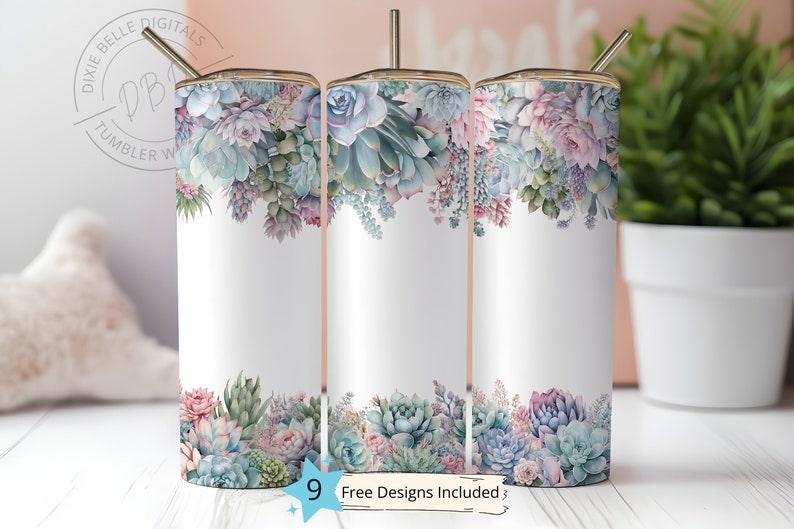 Pastel Succulent Flowers 20 Oz Skinny Tumbler Sublimation Design ...