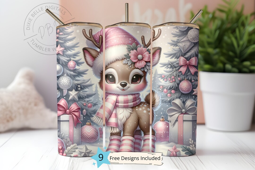 Pink Christmas Reindeer Tumbler 20 Oz Skinny Tumbler Sublimation Design ...